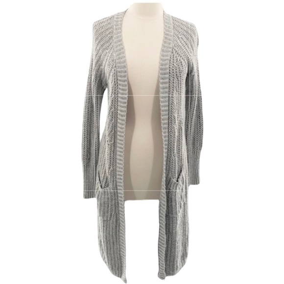 Anthropologie Moth long Midi Light Gray open knit cardigan SZ M - Picture 4 of 10